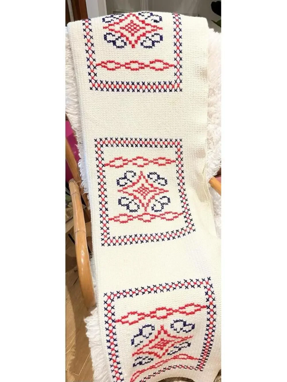 35x66” Red White & Blue Tight Knit Hippy Boho Afghan Mid Century Modern Blanket